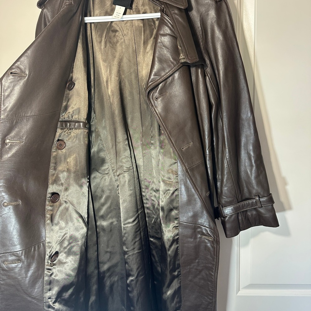 J.Crew Trench Coat Womens 6 Brown Leather Double Breasted Belted Long Jacket - Picture 4 of 7